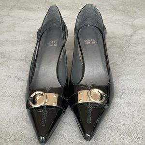 Stuart Weizmann Tabetha Black Patent Kitten Heels